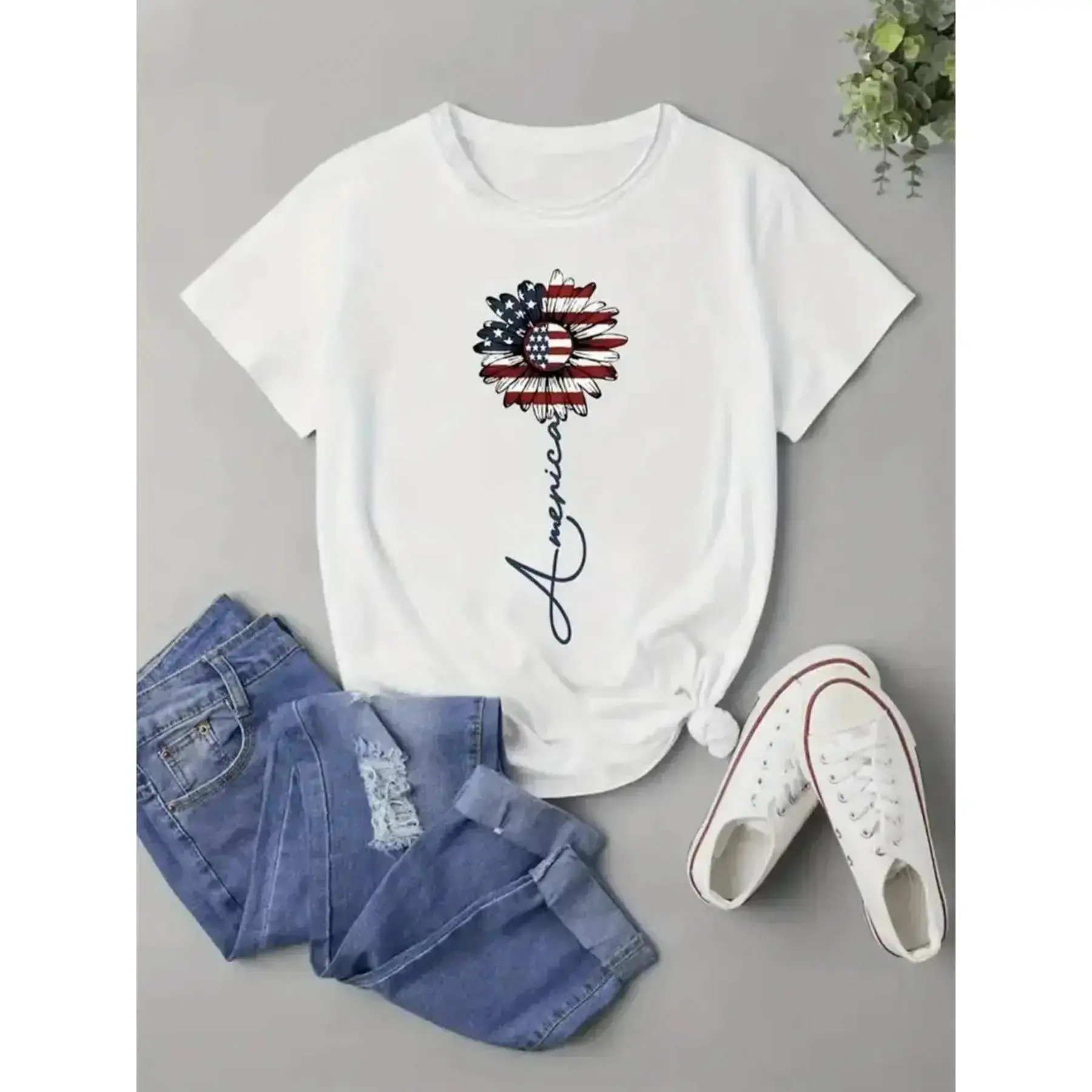 GGOR Women's Preppy Streetwear American Flag Printed Short-Sleeve Round Neck Loose Sports Top - Comfortable Casual for Daily Wear, Baggy, Plaid, Tie Dye, Polka Dot, Waffle Knit, Digital Print, Colorblock, Paisley, Houndstooth, Plants, Thanksgiving, Easter
