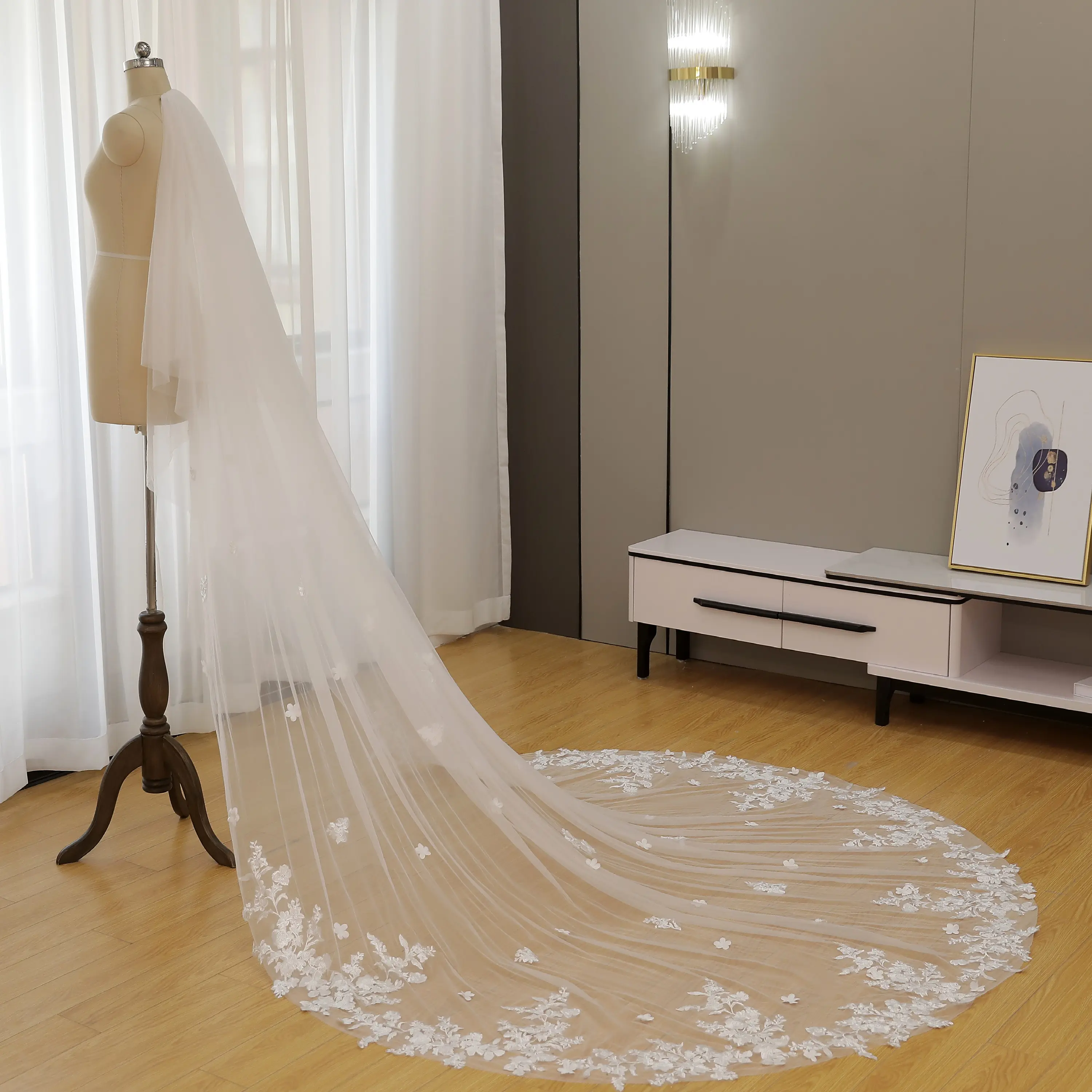 Fairy-Tale Cathedral Length Bridal Veil with Scattered 3D Floral Lace Applique