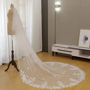Fairy-Tale Cathedral Length Bridal Veil with Scattered 3D Floral Lace Applique