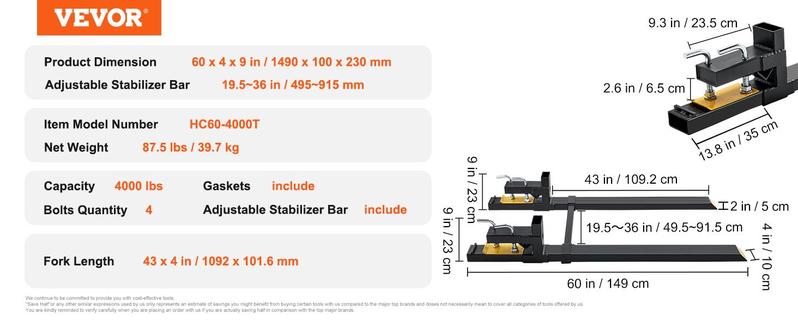 VEVOR Pallet Forks, TikTokShopBlackFriday, 4000 lbs Clamp on Pallet Forks, 60" Total Length Heavy Duty Pallet Forks with Adjustable Stabilizer Bar, Tractor Bucket Forks for Tractor Attachments, Skid Steer, Loader Bucket VEVOR Super Brand Day
