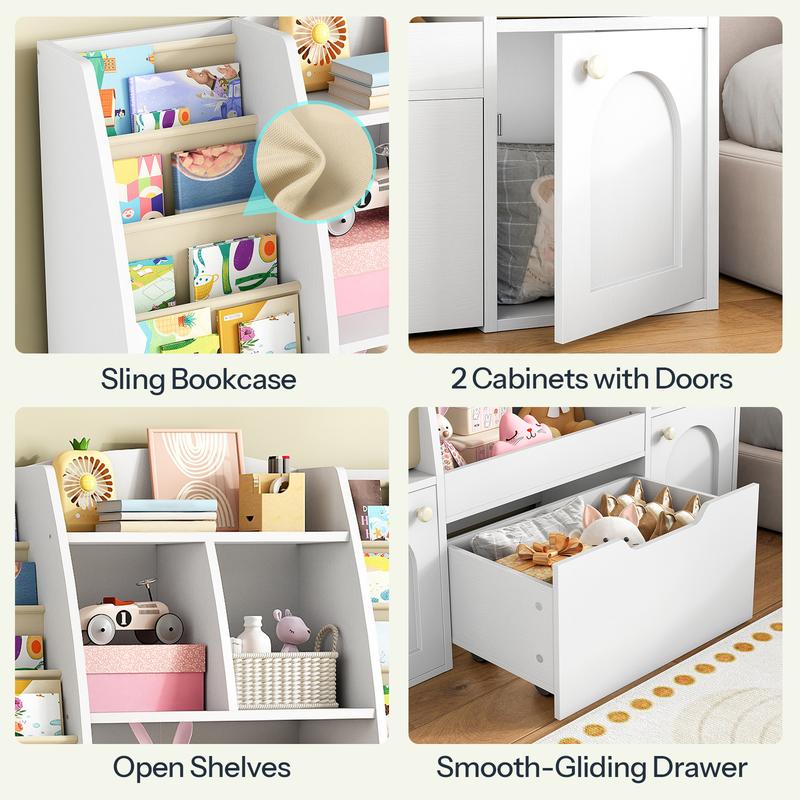 HOOBRO Kids Bookcase, Toy Storage Organizer, with 1 Wheeled Drawer, 2 Cabinets, 4 Fabric Sling Bookshelves on Both Side & Open Shelves, for Books and Toys, for Bedroom, Living Room, and Reading Room, white