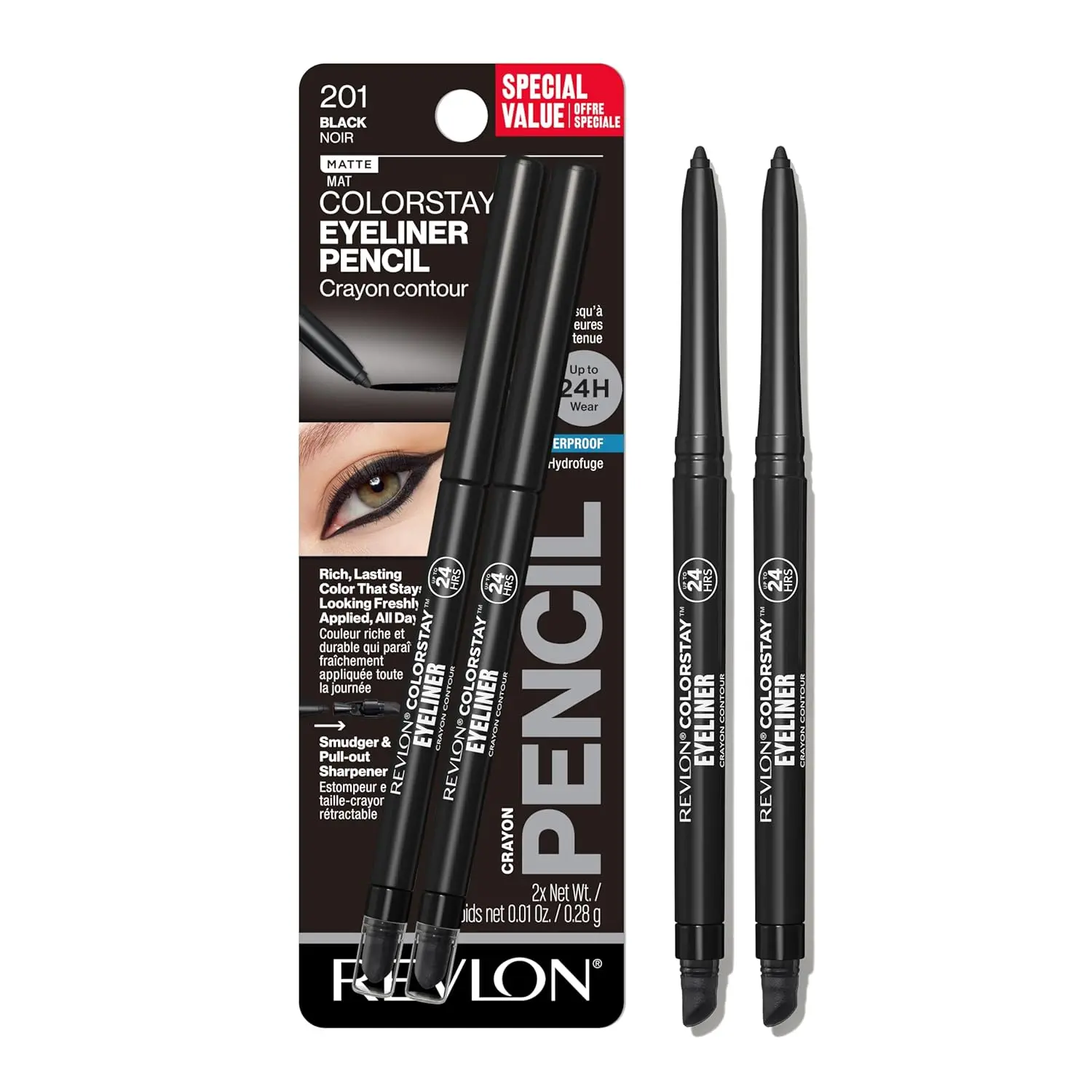 2 PACK Revlon ColorStay Pencil Waterproof Eyeliner, Smudge-Proof, Eye Makeup with Built-In Sharpener, Long-Lasting, Matte Finish, 201 Black, 2 pack