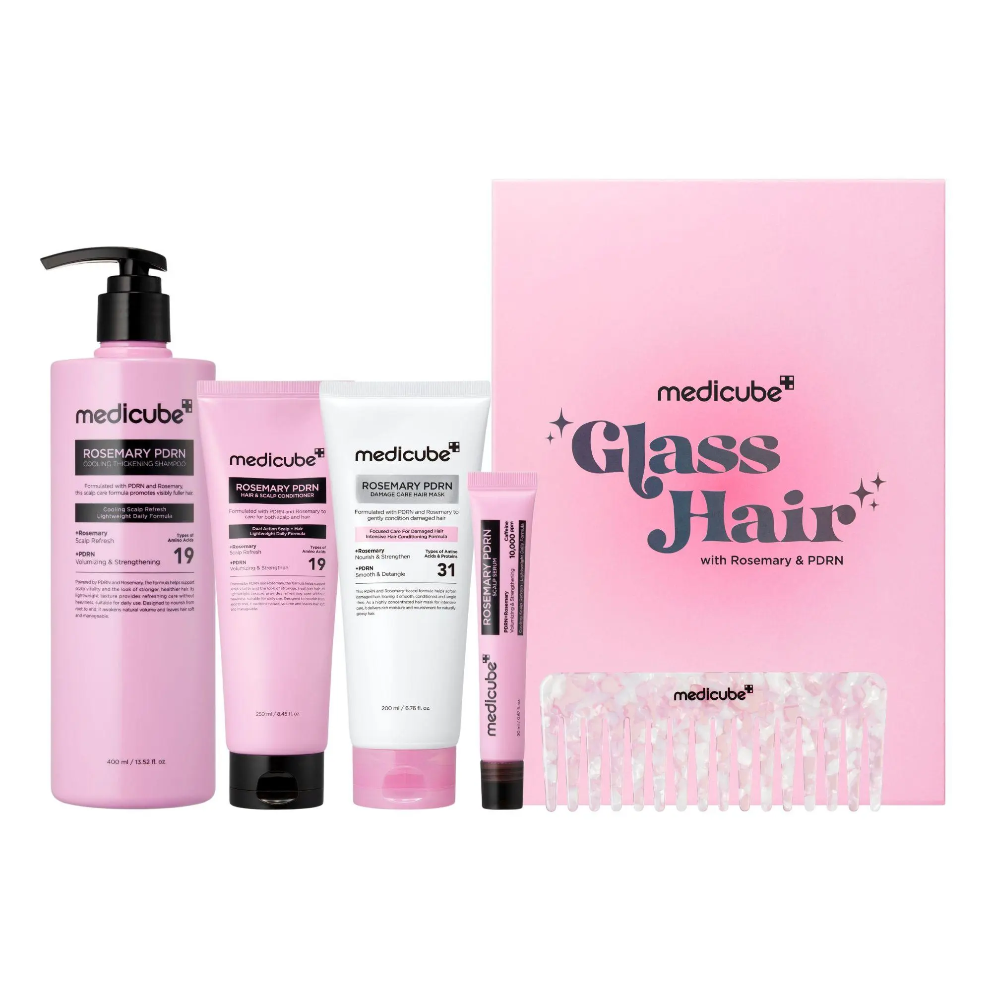 [LIMITED EDITION] Rosemary PDRN Hair Care Set | ALL-IN-ONE 4-Step Routine for Glass Hair | Shampoo, Conditioner, Hair Mask, Scalp Serum + FREE Brush | Care for damaged, frizzy hair, split ends, flaky & weakened scalp | Korean Hair Care