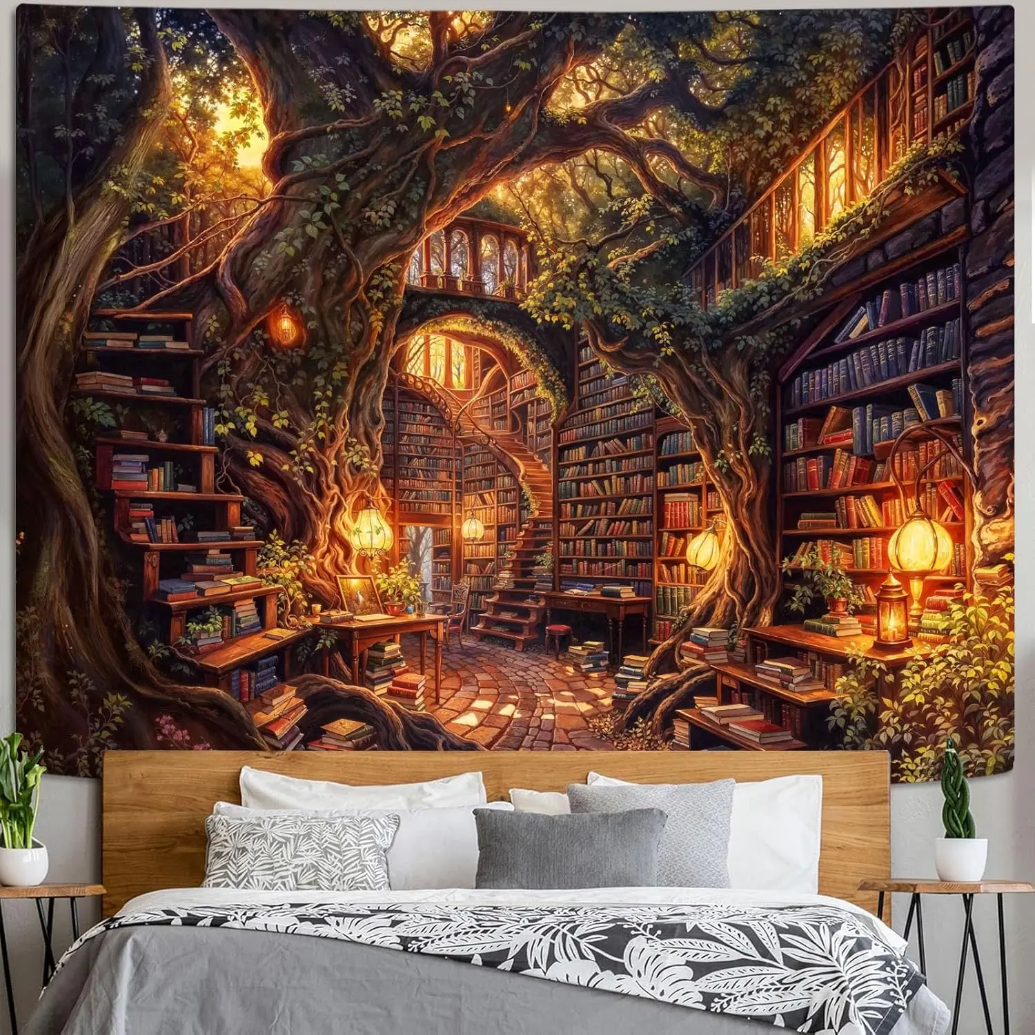 Vintage Magical Forest Library Tapestry, Tree Bookshelf & Fairy Treehouse Themed Home Textile Wall Hanging, Large Home Decor for Bedroom & Living Room (Tapestry Room Decor), Forest Fairy Tapestries