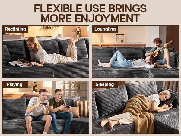 【3 Packages Shipping】Ovios 135" Sectional Boneless Sofa Couch with Chaise, Modular Cloud Couch with Ottoman Plush Corduroy, No Assembly Required Big Comfy Sofa Bed with Fluffy Memory Foam for Livingroom