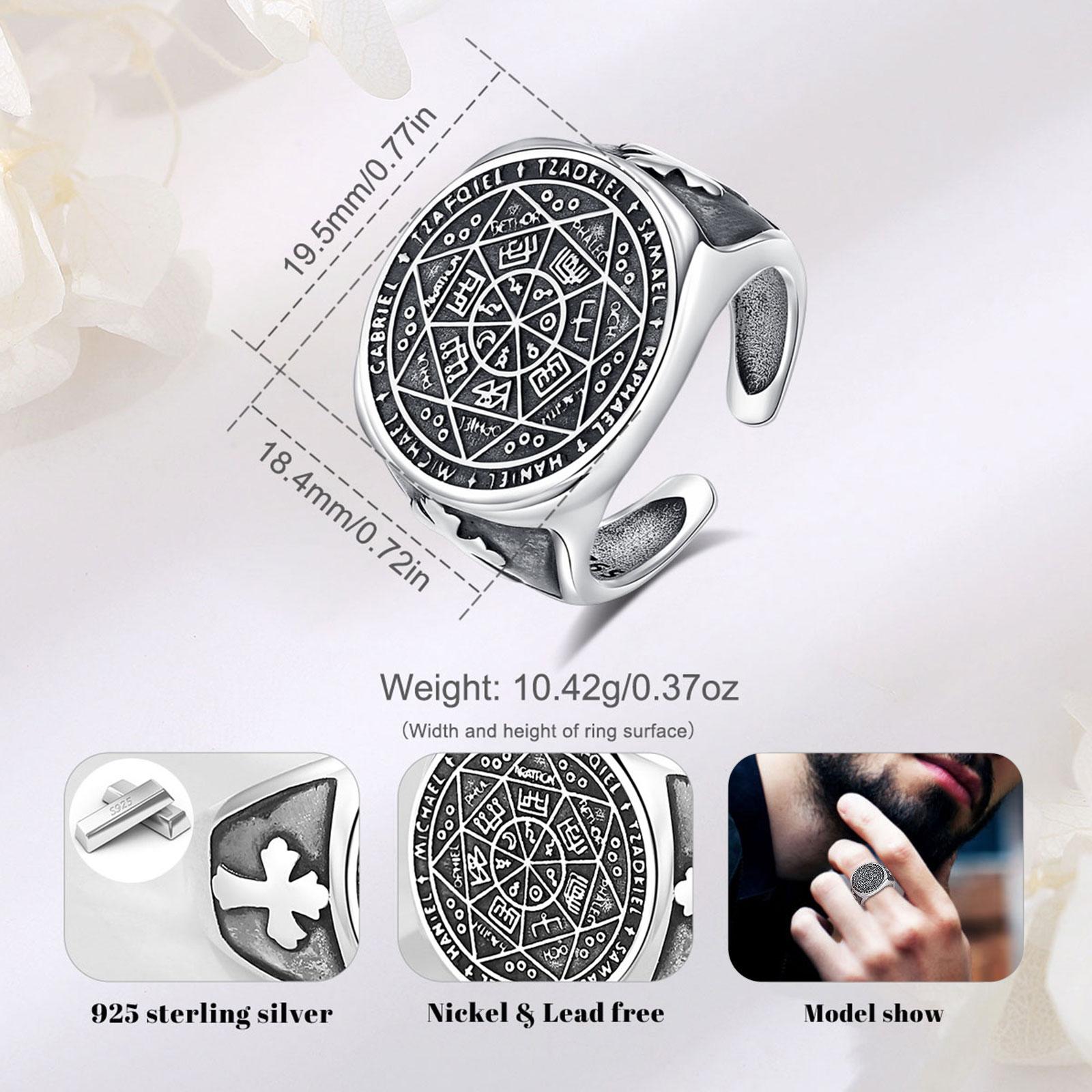 Eudora S925 Sliver Vintage Saint Benedict Ring, Adjustable St.Benedict Open Ring, Unisex Band with Benedictine Cross & Latin Inscriptions, Christian Jewelry Gift