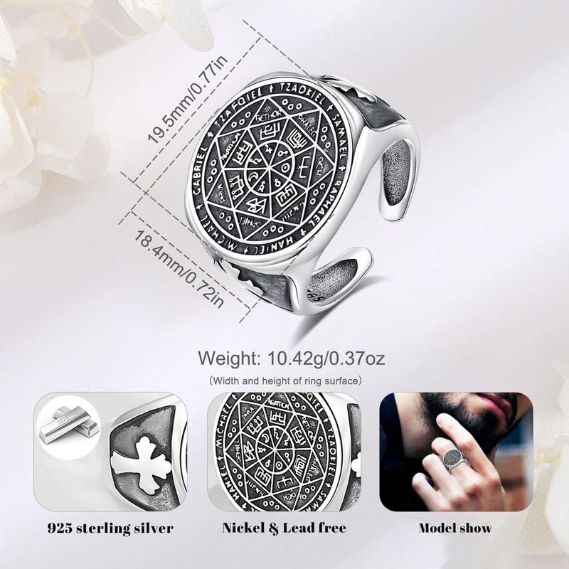 Eudora S925 Sliver Vintage Saint Benedict Ring, Adjustable St.Benedict Open Ring, Unisex Band with Benedictine Cross & Latin Inscriptions, Christian Jewelry Gift