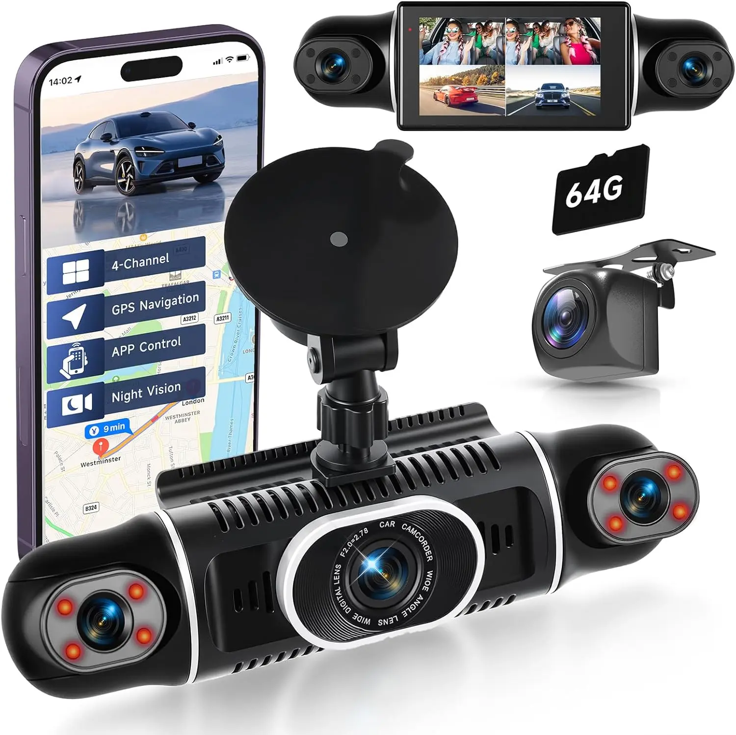 4 Channel Dash Cam with Front Rear Left Right Cameras, 360° Car Camera ...