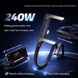 Invisible Charging Cable Holder, 1.5m, 240W Fast Charging, 2-in-1 Stand & Charging Cord, Compatible with iPhone, Samsung, Type-C Devices