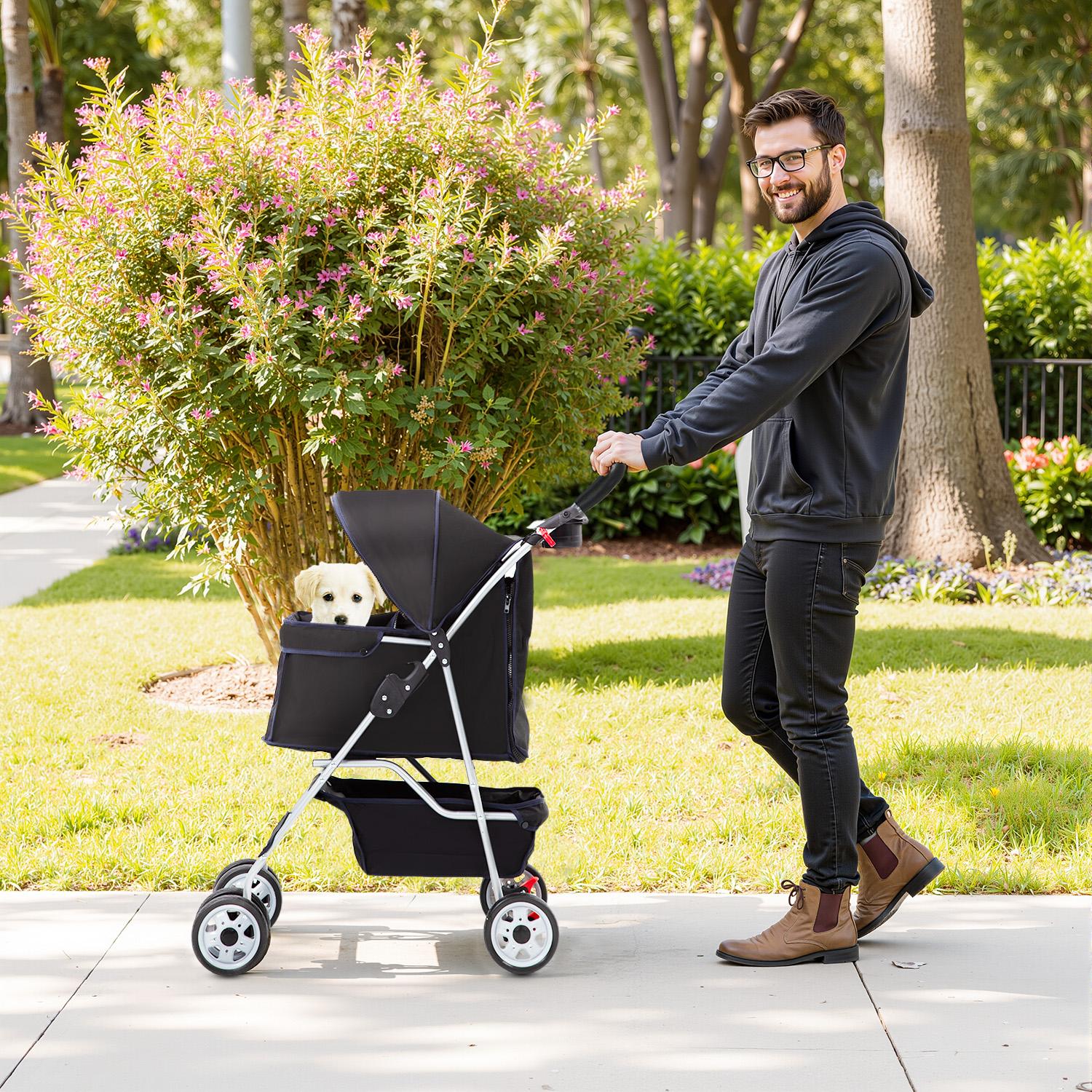 BestOffice 3/4 Wheels Pet Stroller for Cats & Dogs All Pets Up to 25lbs Foldable Travel Carrier Safety Leash & Mesh Windows Lightweight Jogger Stroller with Storage Basket