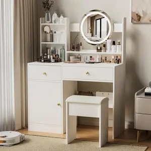 Makeup Vanity Desk with Mirror and Lights, Vanity Table Set with Storage Drawer, Chair and Shelves, Bedroom, White