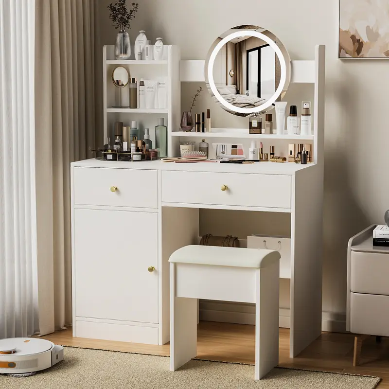 makeup dressing table with chair white and brown - TikTok Shop
