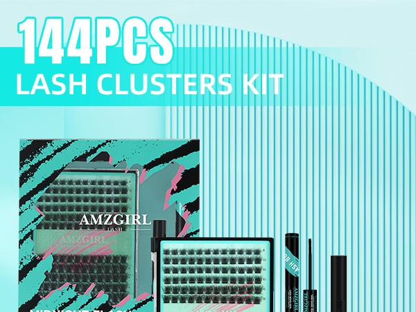 AMZGIRL LASH DIY Lash Extensions Kit 144pcs Midnight Waterproof Eyelashes Makeup Cosmetic Set with Bond Seal Remover Applicator