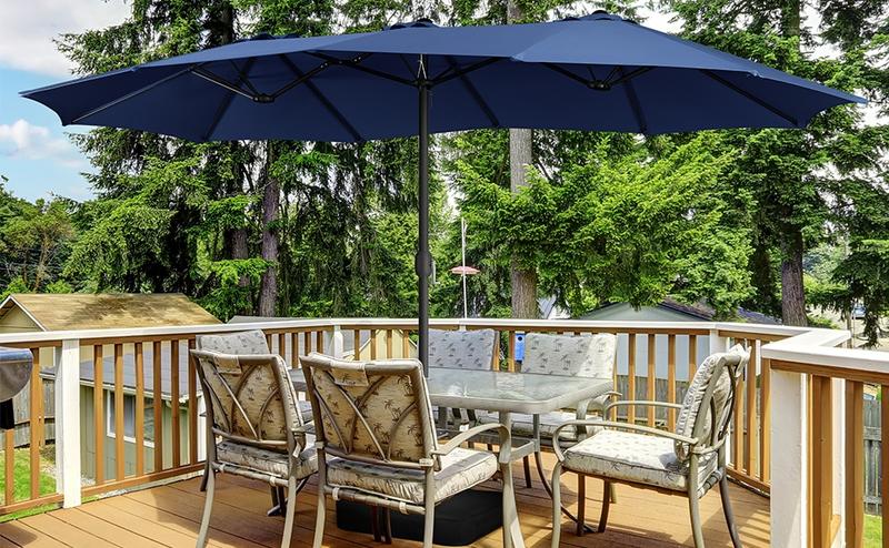 Yaheetech 15/13ft Heavy Duty Canopy Double Layer Cloth Patio Umbrella with 12 Ribs Hand Crank for Easy Opening 2 Sandbags Outdoor Design for Garden Pool and Lawn