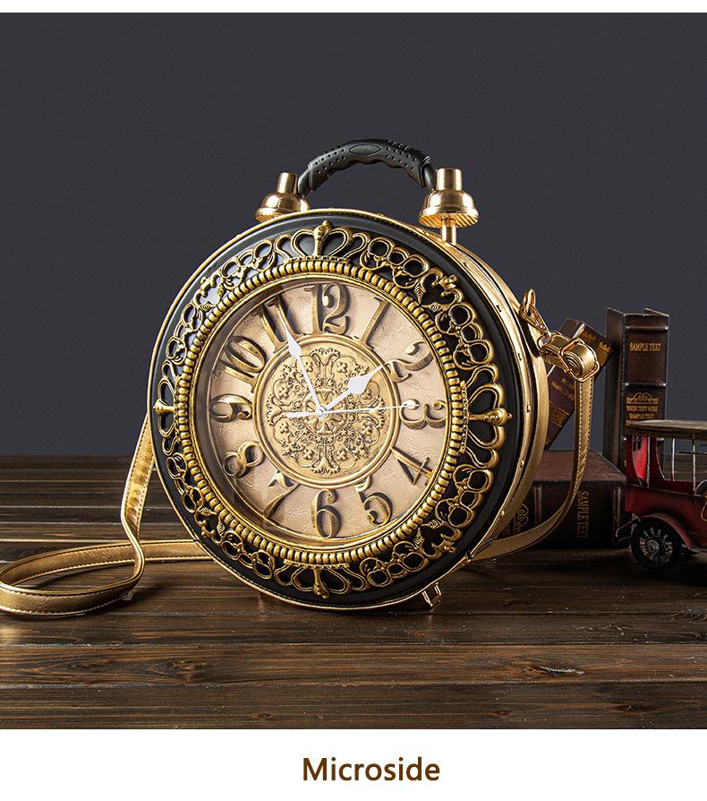 Ladies' Retro Roman Digital Clock Face Crossbody Bag with Adjustable Straps Golden Hardware Zipper Closure Bell-shaped Design Large Dial Black Hands Casual Flap Pocket