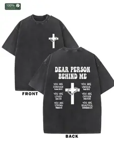 Men'S Double-Sided Heavy Washed T-Shirt | Christian Cross Religious Print, Inspirational Bible Verse, Plus-Size, Vintage Casual Style, Crew Neck, Perfect for Spring/Summer/Fall, Ideal for Valentine'S Day and Holiday Gifts, Plus Size