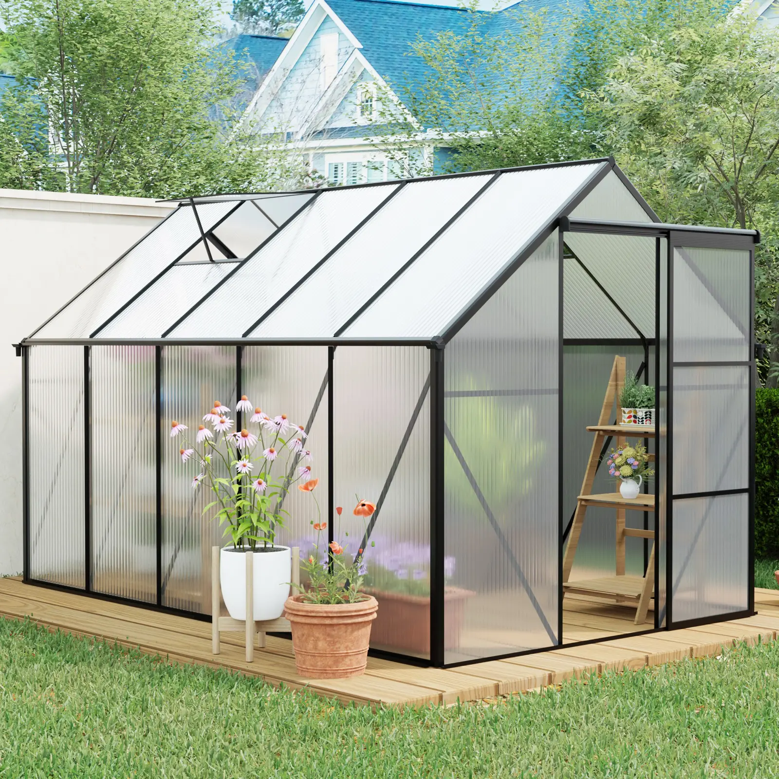 6x10 FT Polycarbonate Walk-in Greenhouse Heavy Duty Aluminum Frame with Raised Base and Anchor for Outdoor Backyard Garden All Season Plant Growing, Durable Weather-Resistant Structure for Vegetables Flowers Herbs, Easy Assembly
