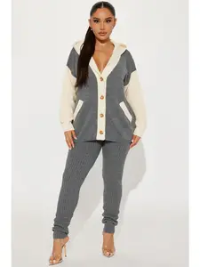 Mia Sweater Legging Set - Grey/Combo Cardigan Hood Long Sleeve Button Front Pockets Leggings Elastic Waistband Stretch 100% Acrylic
