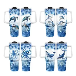 40oz Ocean Themed Insulated Tumbler with Handle, Straw & Lid - Marine Life Stainless Steel Travel Mug (Sea Turtle/Shark/Octopus/Whale) - Gifts for Women, Men, Mom, Wife, Daughter for Valentine's Day, Birthday, Outdoor Travel