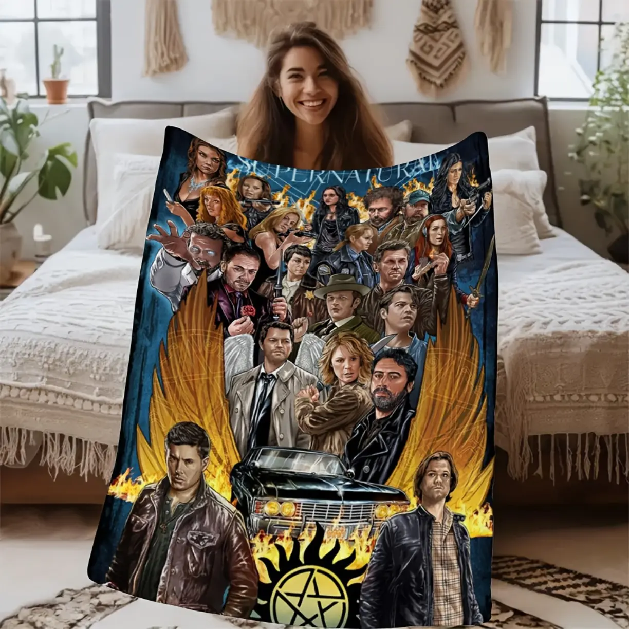 1pc Supernatural Blanket -  Vintage Car - Soft Flannel Throw for Couch, Bed, Office, Camping - All-Season Cozy Gift for Supernatural Fans - Machine Washable TV Series Decor, Bed Cover, Vibrant Print, Durable Material, Fan  Pop Culture Lovers