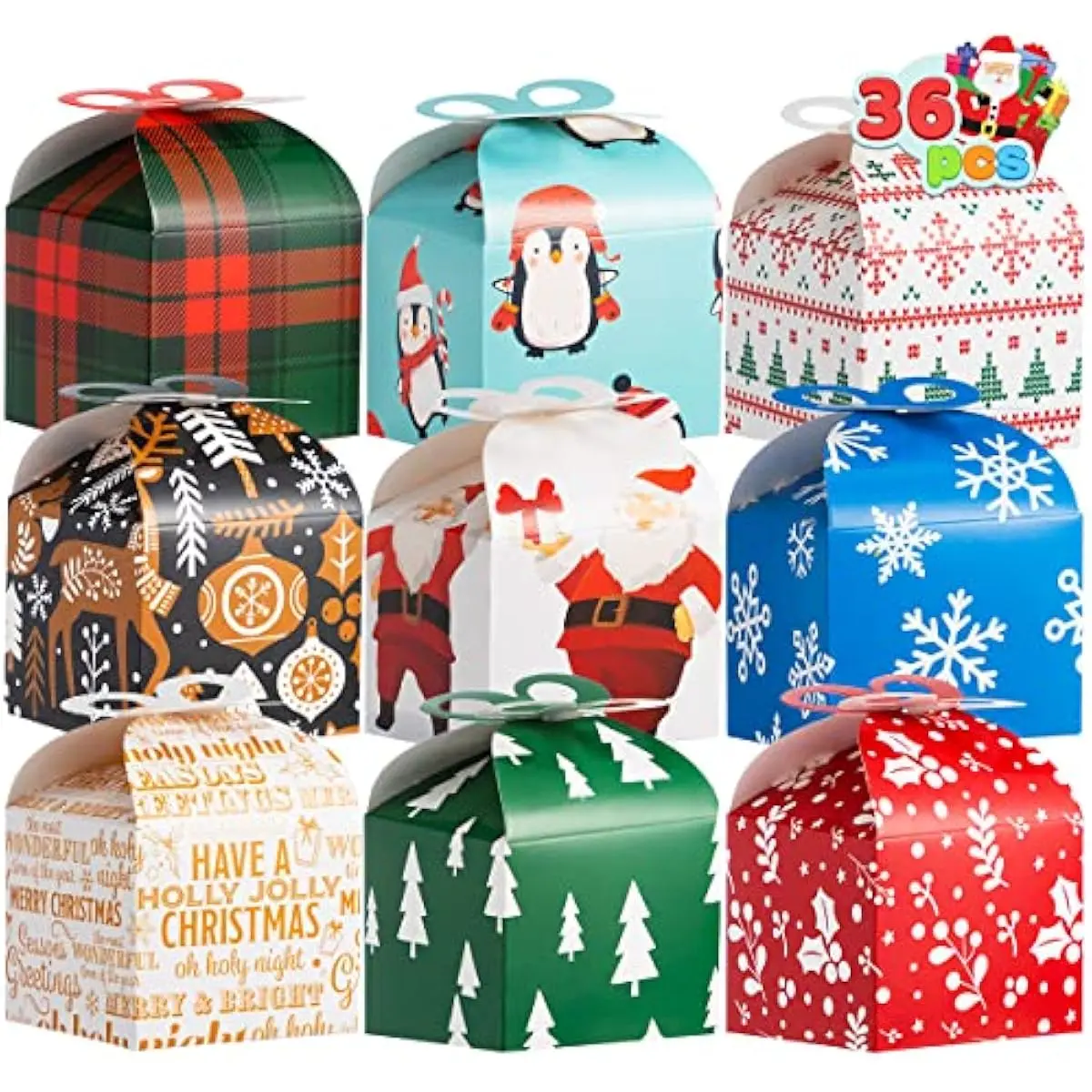 JOYIN 36 PCS Christmas Goody Gift Boxes with Bow, Folding Candy Box, Paper Treat Cookie Boxes for Christmas Xmas Holiday Wedding Decoration, Kids' School Classrooms Party Favors
