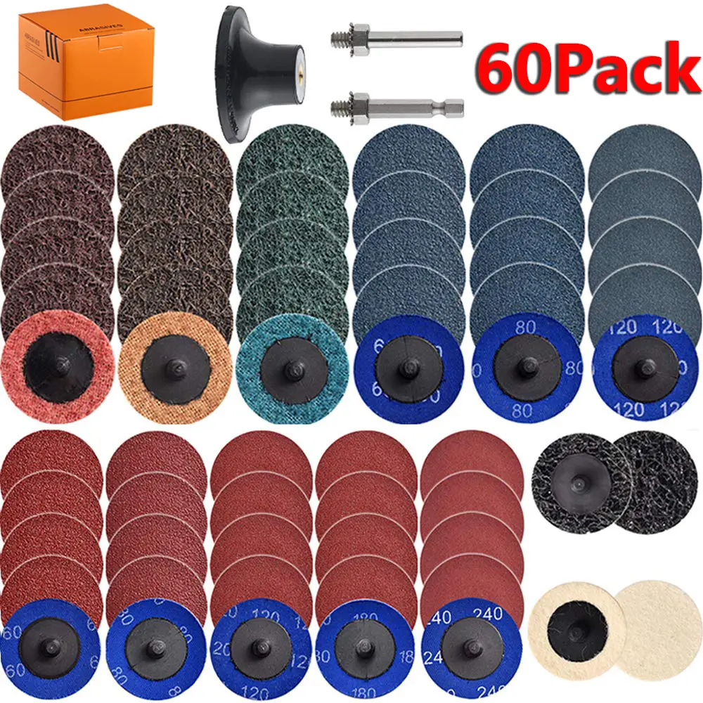 60Pack Sanding Discs Kit 2 inch 50mm Quick Change Drill Sanding Discs with 1/4" Holders Die Grinder Accessories Surface Conditioning Burr Rust Paint Removal