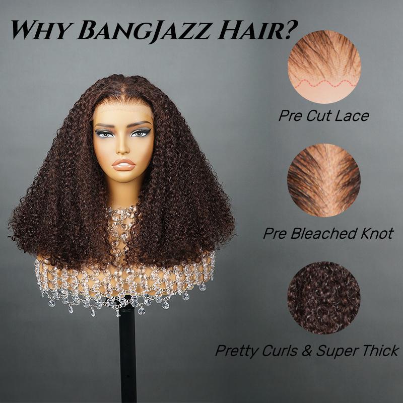 【20”Only $87.99】BANGJAZZ Short Kinky Curly Ready to Wear Glueless Wigs Pre Cut Lace Bleached Konts Closure Wigs Human Hair Wig 200% Density Lace Front Wigs Pre Plucked For Women