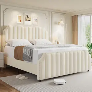 Queen Size Platform Bed Frame  Upholstered Bed Frame with Headboard and Footboard  Strong Wooden Slats Support  No Box Spring Required Queen Size Bed Frame  Beige