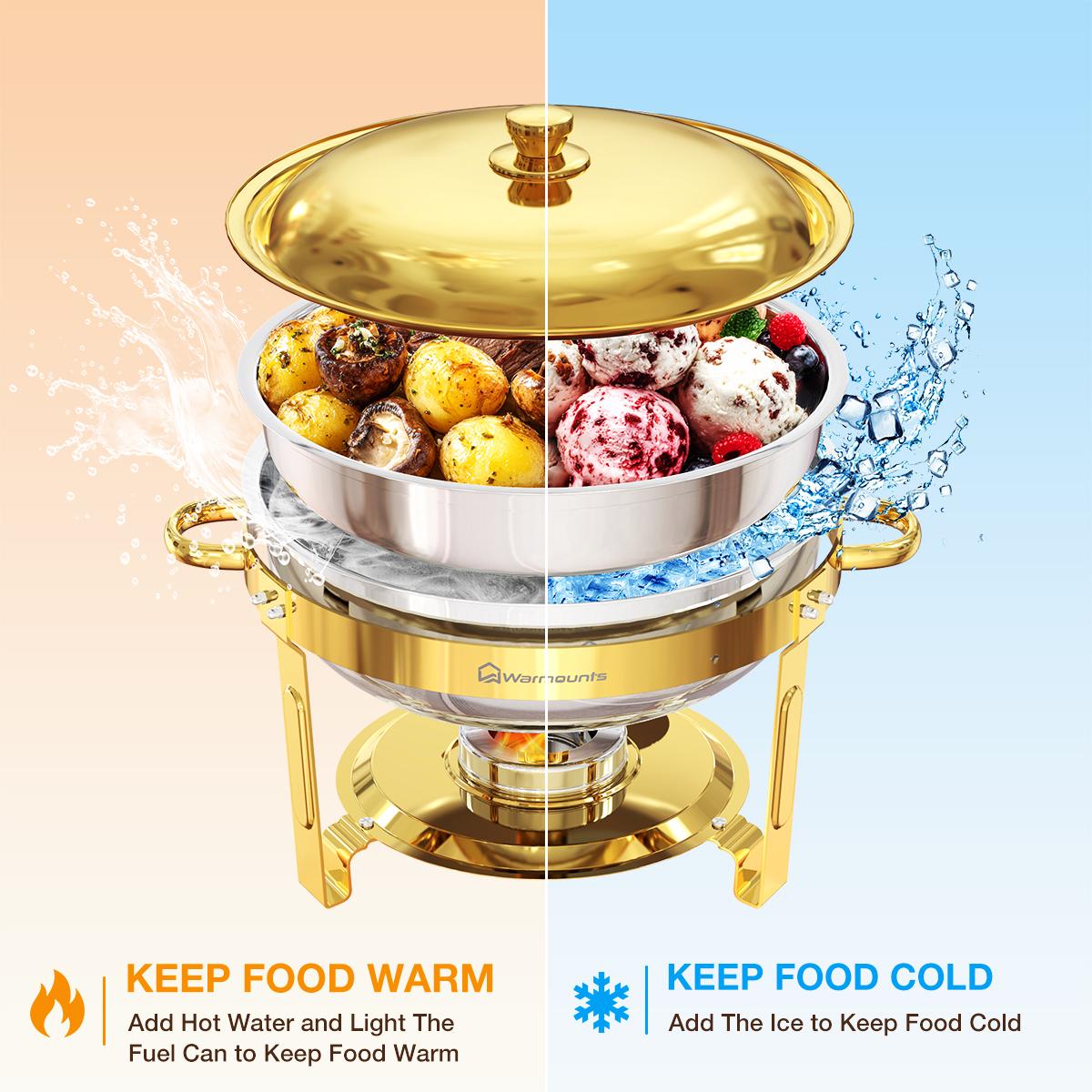 WARMOUNTS 5QT Gold Chafing Dishes for Buffet with Glass Lid, Round Stainless Steel Chafers and Buffet Warmers Sets with Lid Holder, Rolled Rim Design, for Easter Brunch, Parties & Weddings (2/4/6 Pack)