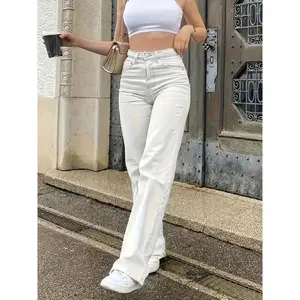 Women's Plain White Denim Jeans, Casual Style, Classic Fit, High Waisted, Flared Bottoms, Versatile Fashion For Everyday Wear