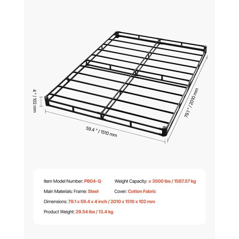 VEVOR Box Spring,  Queen Size Bed Frame with Washable Fabric Cloth, Heavy Duty Metal Frame for Queen Bed, 4 in Mattress Foundation, 3500 lbs Max Weight Capacity, Easy Assembly, 79.1 L x 59.4 W x 4 H in