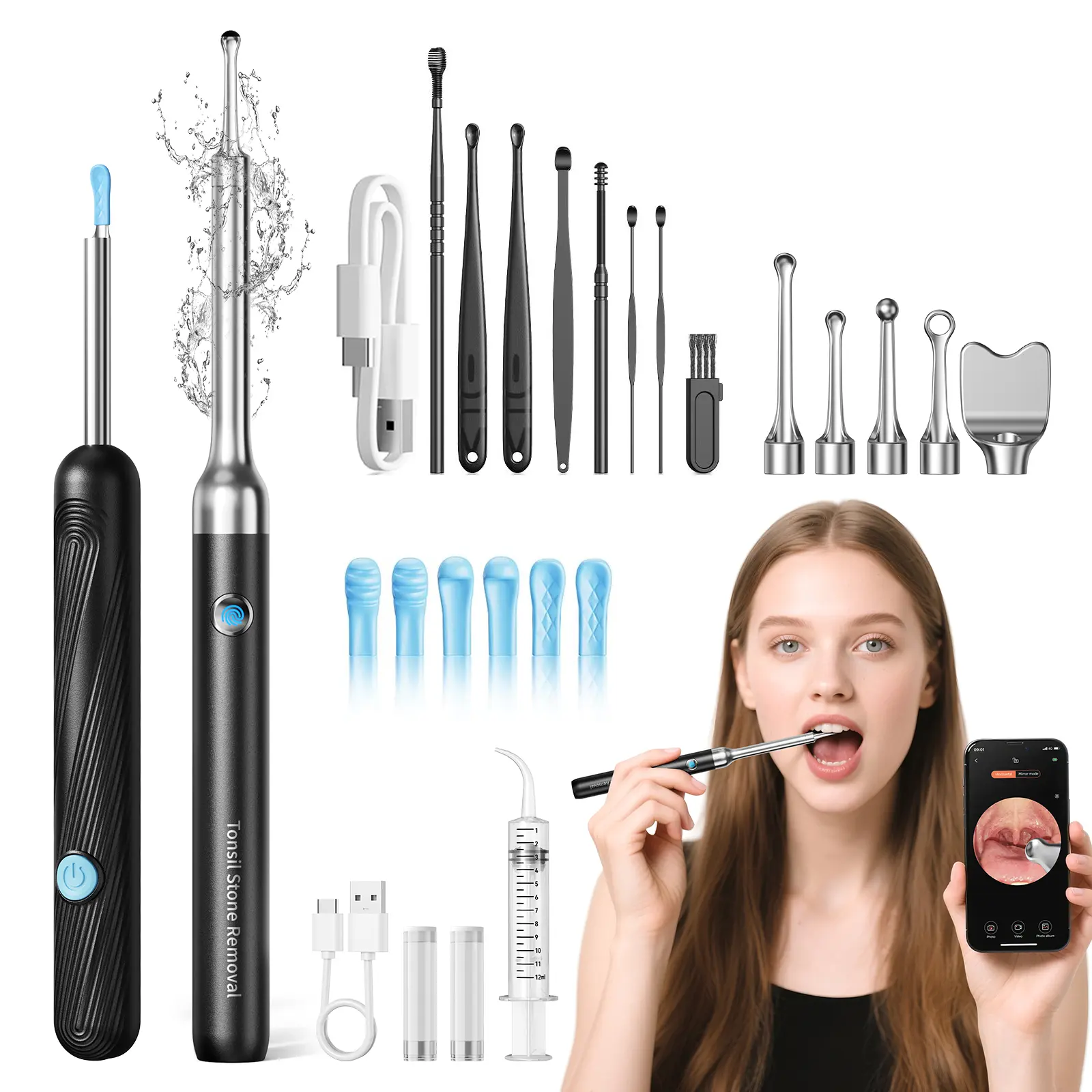 Ear Wax Removal Tool Kit - 1080P HD 360° Wide-Angle WiFi Otoscope with 6 Adjustable LEDs, Waterproof USB-C, 60-Min Runtime, Tonsil Stone Remover, 5 Attachments, 170mAh, iOS/Android App Compatible for Ear Wax Removals & Home Oral Care