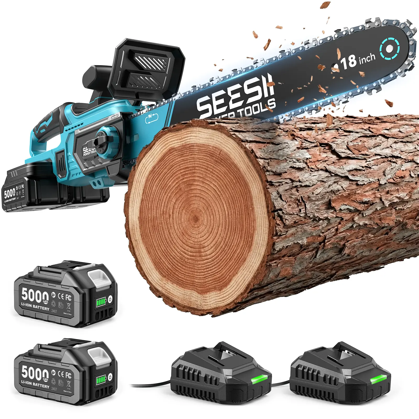 SEESII 40V 18 Inch Chainsaw Cordless, 2x5.0 Ah Batteries Powered, 2200W Compact Chain saw with  30FT/S Powerful Cutting, Auto Oiler & Long Battery Life For Wood/Tree Cutting, Pruning, Yardwork Pro Use M18 Ace CS18