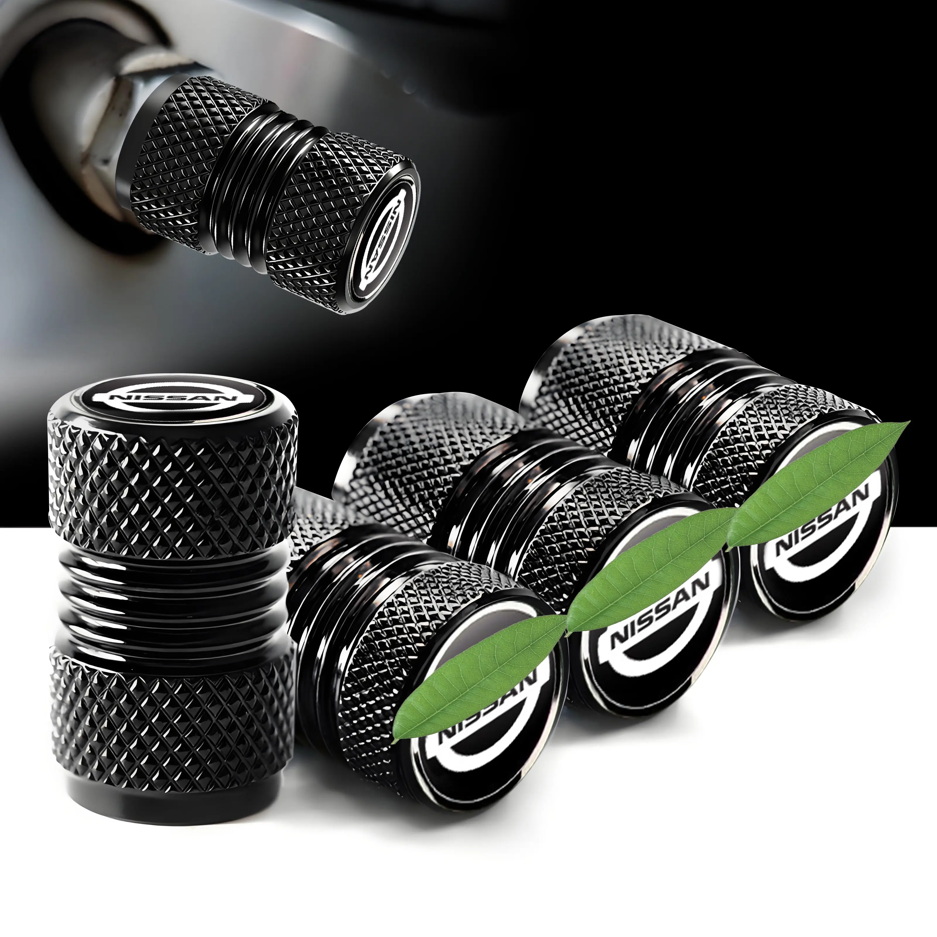 4-Piece Corrosion-Resistant Aluminum Alloy Tire Valve Caps - Aftermarket Alloy Rim Valve Caps, Metal, Dustproof, Waterproof, Durable, Compatible with Nissan, GMC Cars & Bicycles, Practical Auto Replacement Part (Black)