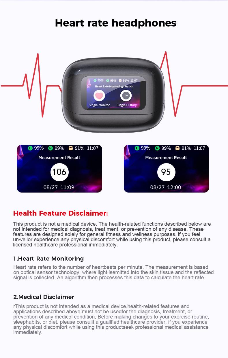 HTC NE41 Clip-On Ear Headphones ,Heart Rate Monitoring Earbuds, Blood Oxygen Monitoring Earbuds,Headphones for Music & Phone Calls, IPX5 Sport Waterproof & Sweatproof, with LCD Full Color Touch Screen, Bluetooth 6.0 Headsets, Heart Rate Health Management