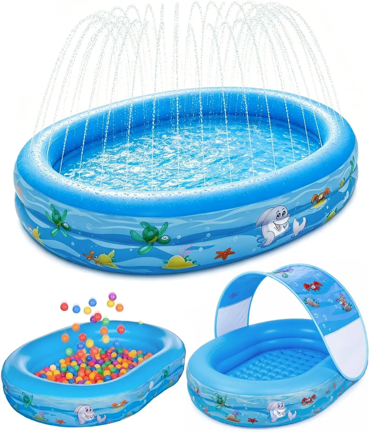 Inflatable Kids Pool with Canopy and Sprinkler 65" x 46", Kiddie Blow Up Pool with Shade Cover for Baby Swimming, Toddler Ball Pit for Backyard Water Fun Indoor Outdoor Summer Toys