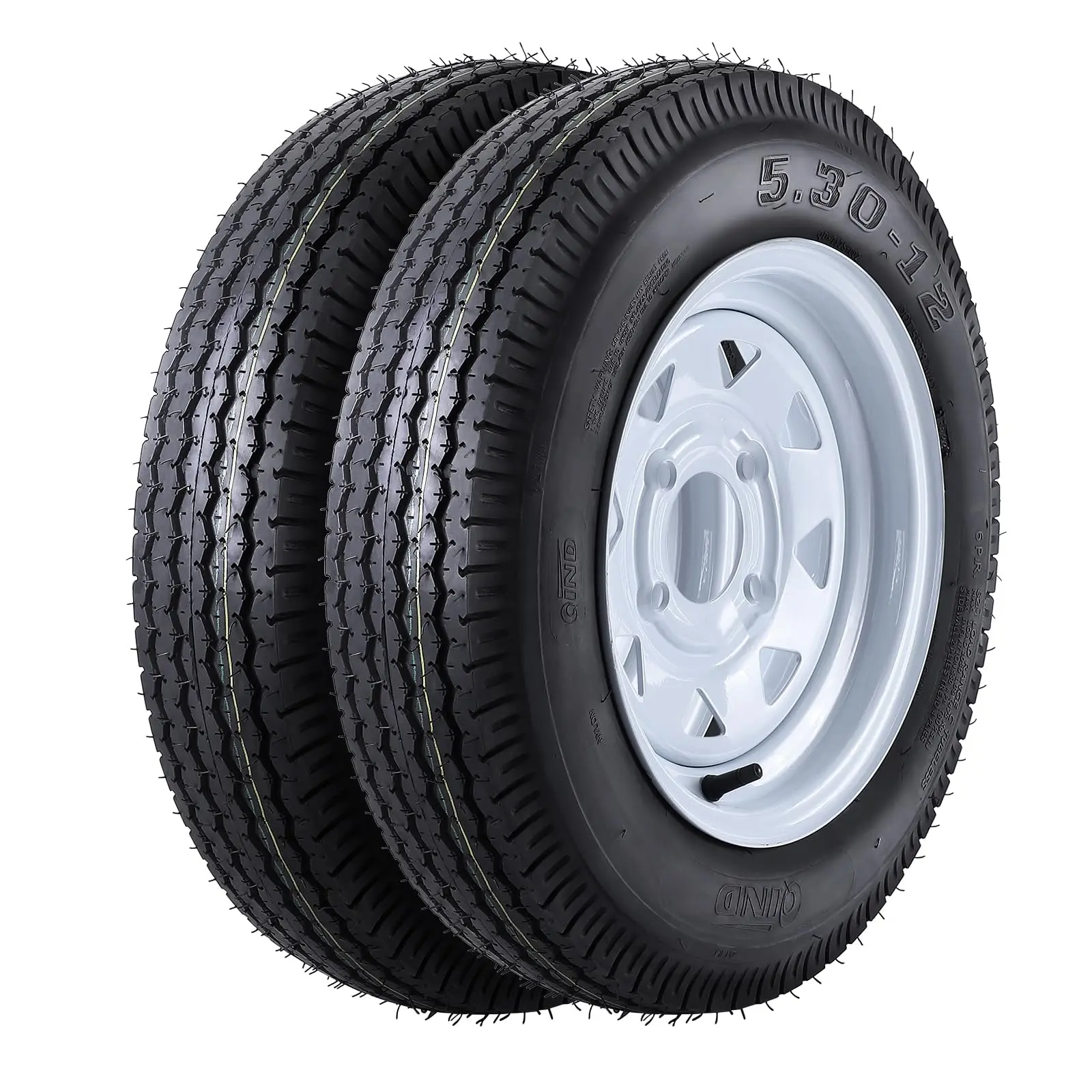 2-Piece Trailer Tire Set, Size 5.30-12, with 12-Inch Rims, 4-Bolt Holes, Bolt Circle 4 Inches, Load Range C, Ply Rating 6PR