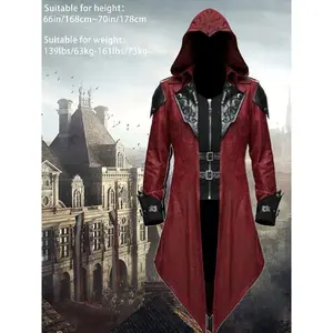 Gothic Assassin Cosplay Costume Set 3pcs Vintage Steam Punk Hooded Jacket Red & Black Polyester with Embroidered Details Ditsy Floral Pattern Loose Stretch Fabric for Party or Cosplay Menswear Aesthetic