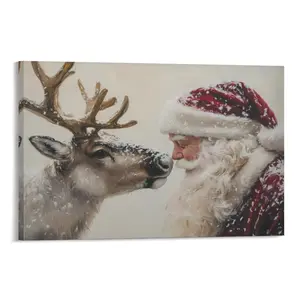 Vintage Christmas Canvas Wall Art Santa Claus Reindeer Prints Poster Cozy Holiday Oil Painting Snowfall Winter Decor Christmas Pictures Decoration for Living Room Bedroom