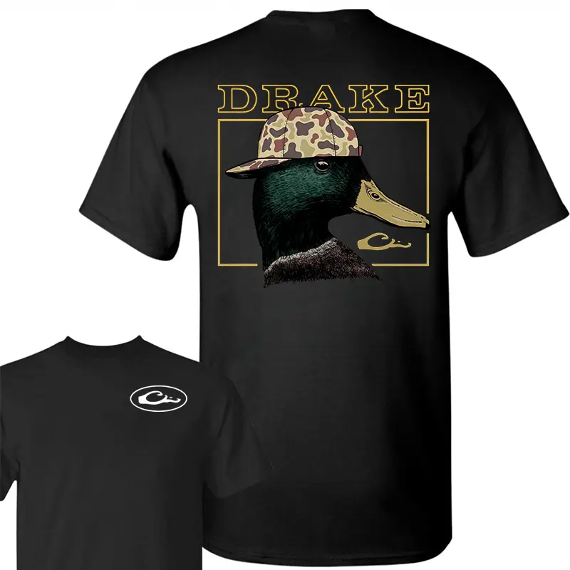Men's Cotton Drake Waterfowl Shortleeve T-Shirt - Duck With Camo Hat Design, Standard Sizes, Classic Hunting Apparel for Outdoor Waterfowl Hunters, Shortsleeve