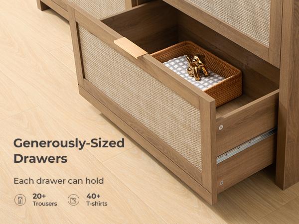 SICOTAS 60.8" Dresser for Bedroom, Rattan Boho Dresser with 4 Deep Drawers, Large Chest of Drawers for Closet,Nursery,Dressers TV Stand for Living Room