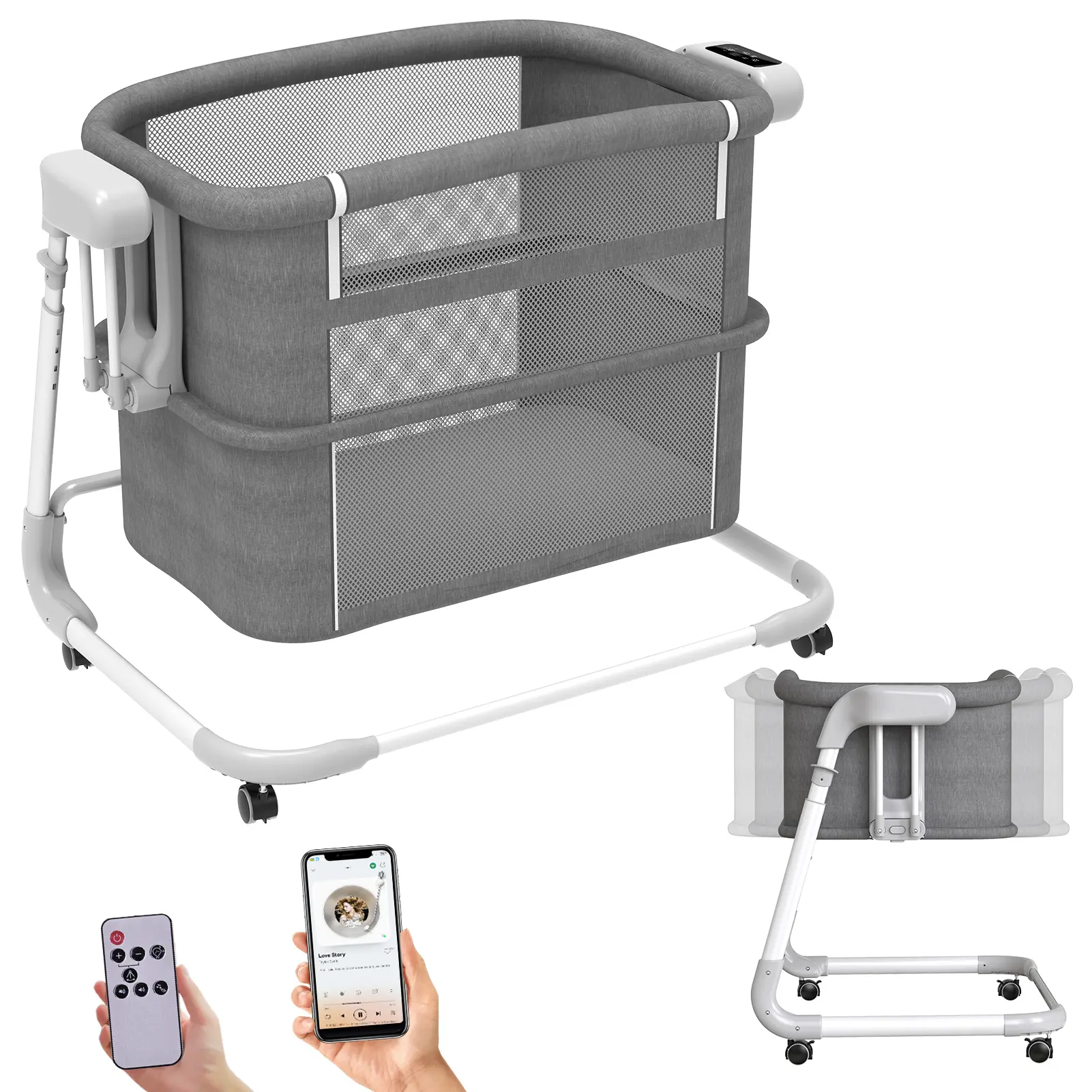 Electric Rocking Bassinet for Baby, Automatic Bluetooth Baby Bassinet with Wheels,4 Height Adjustable Baby Bassinets Bedside Sleeper, 5-Speed Swing Smart Infant Newborn Rolling Crib Portable Nursery Center toddler bed