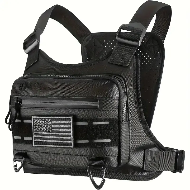 Black Tactical Chest Vest - Unisex Gorpcore Tactical Accessories with American Flag Patch, Ample Space, Enhances Trail Running Experience, Practical, Secure Fitting, Essential, Fitness, Outdoor Sport, Tactical Equipment