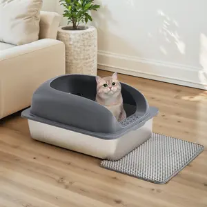 23.6IN Cat Litter Box, Stainless Steel Cat Litter Box with Lid, Scoop and Mat Included