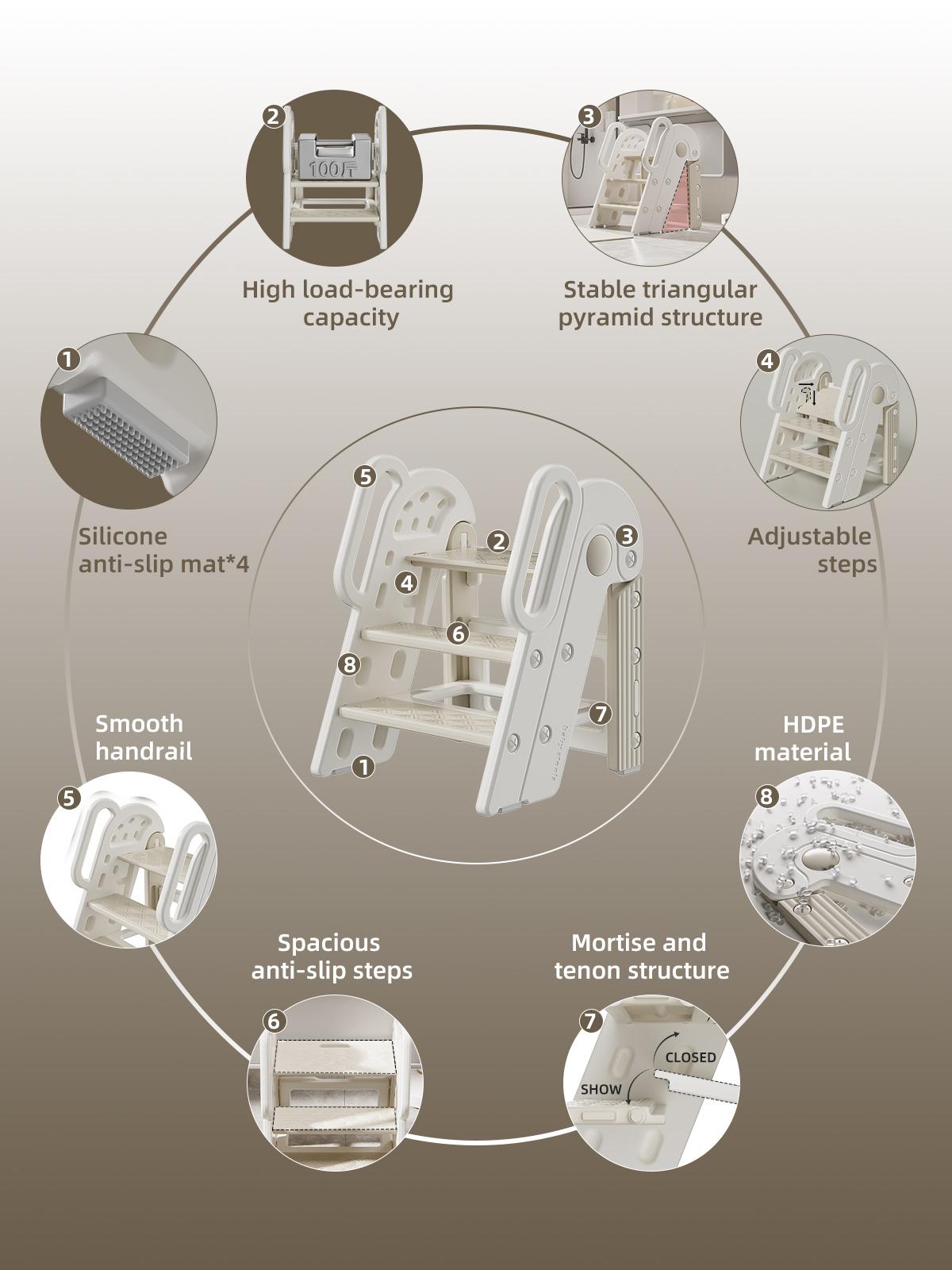 Toddler Step Stool for Bathroom Sink,Adjustable 3 Step Stop for Kids with Handles,Toilet Stool Potty Training,Foldable Step Stool for Bedroom Kitchen Counter,Plastic Ladder for Toddlers Beige