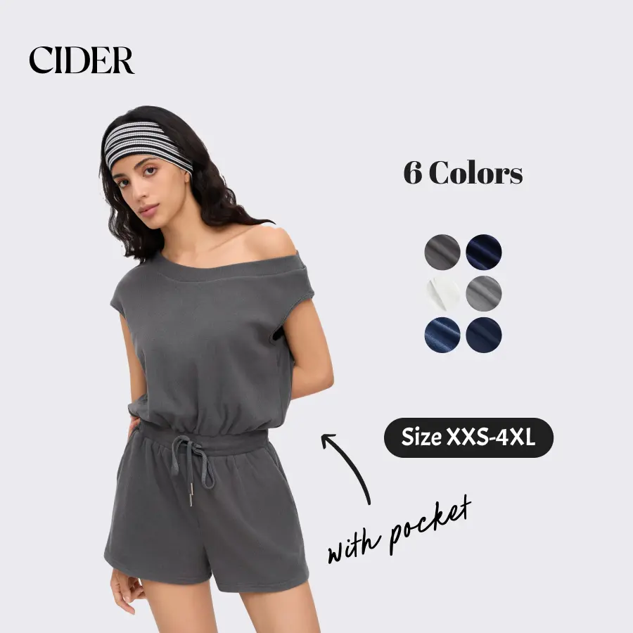 Cider Early Autumn Short Romper – Athleisure Sporty Chic Women's Daily Casual Lounge Travel Jumpsuit, Asymmetrical Neck Drawstring Waist Waffle Textured Midweight Structured Elastic Fabric, Breathable & Non-Clingy Silhouette