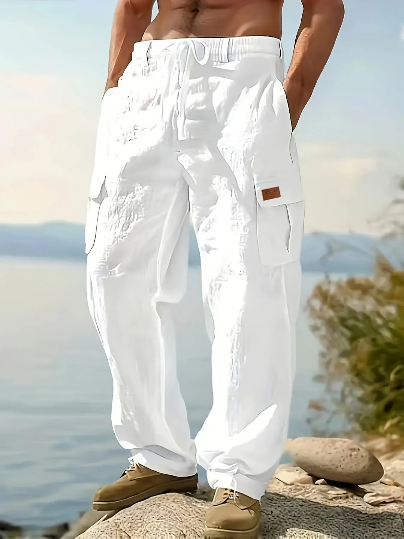 Men's Linen Cargo Style Pants Trouser with Drawstring Waist, Multiple Pockets, Straight Leg, Breathable Outdoor Beach Casual Long Pants, Breathable Casual Trousers