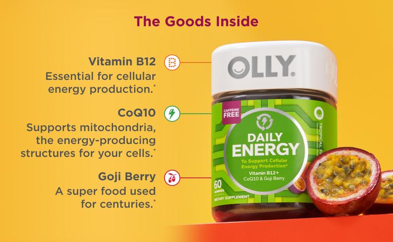 OLLY Daily Energy Gummy, Caffeine Free, Vitamin B12, CoQ10, Goji Berry, Adult Chewable Supplement, Tropical Flavor - 60 Gummies