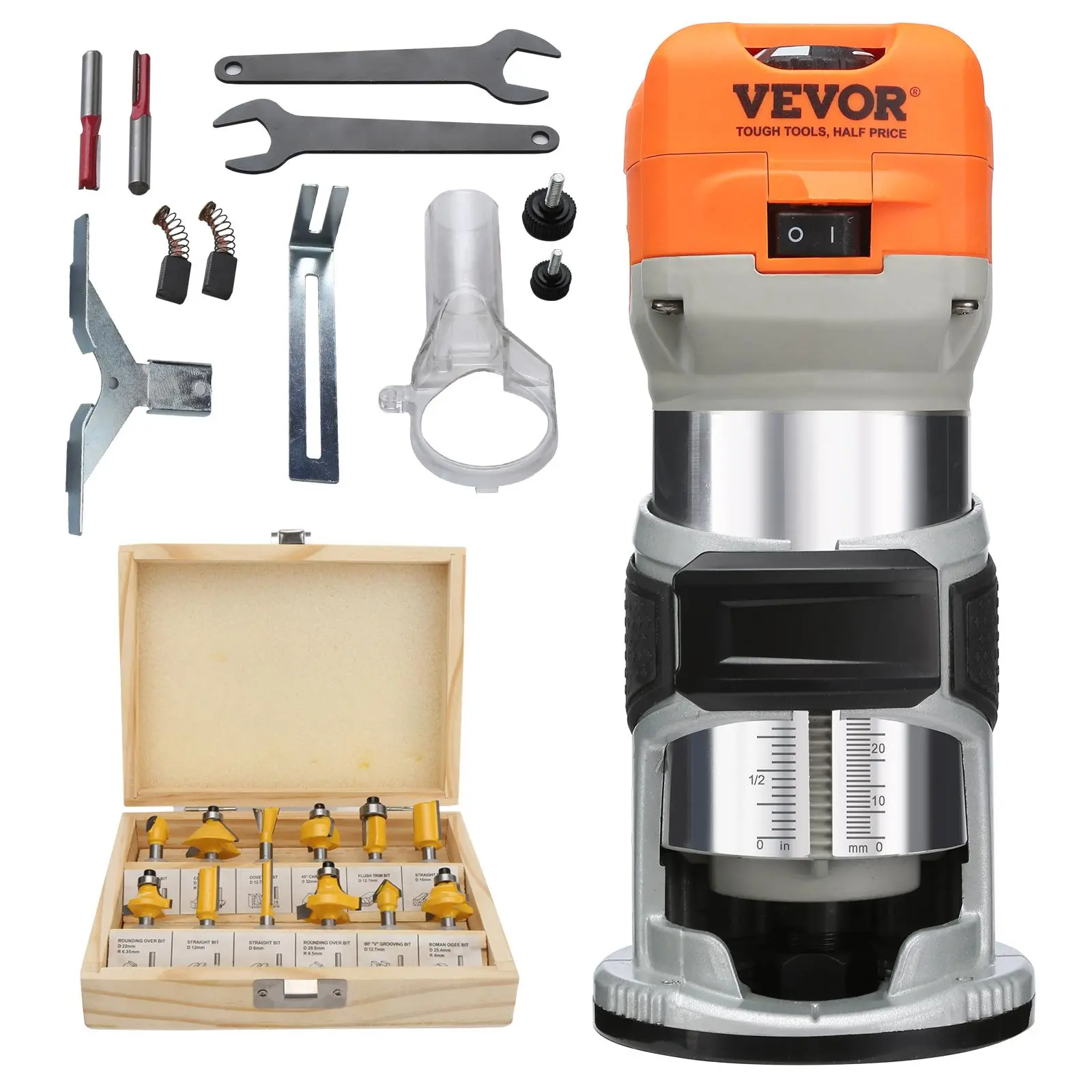 【Summerfinds】VEVOR Compact Aluminum Body Wood Router Power Tool, 1.25HP 800W 30000RPM Motor, 6 Variable Speeds, 1/4'' & 5/16'' Collets, 12 PCs Milling Cutters, Dust Cover, Secure Base Lock, Hex Socket Lock, for Soft/Hard Wood Cutting, Slotting, Power Tool