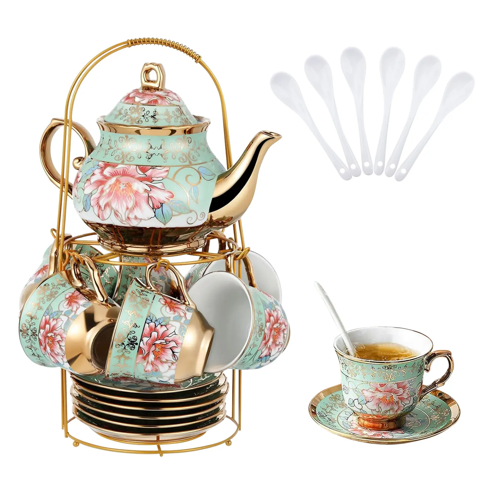 European-Inspired Gold Vintage Floral Print Ceramic Tea Party Set - 700ml Large Teapot, 20-Count Cup & Saucer Set, Metal Stand, Dishwasher Safe Kitchen Drinkware for Women's Casual Gatherings